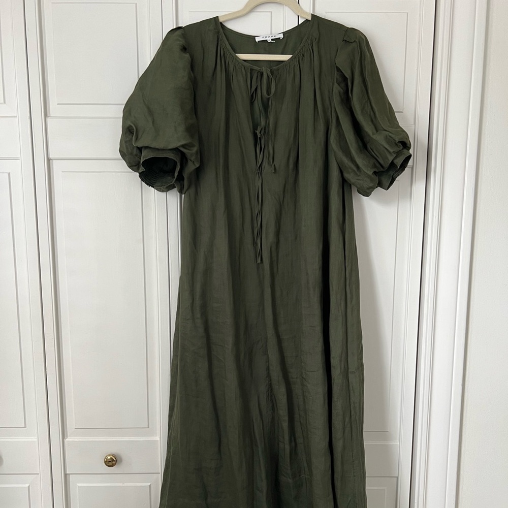 FRAME moss green tie neck front puff sleeve linen maxi dress